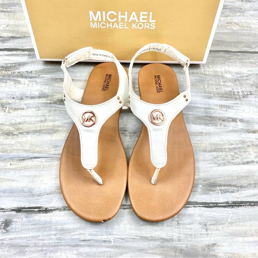Michael Michael Kors White Thong Sandal “Sumac” Ankle Strap Rose Gold In Box 4M - Picture 5 of 16